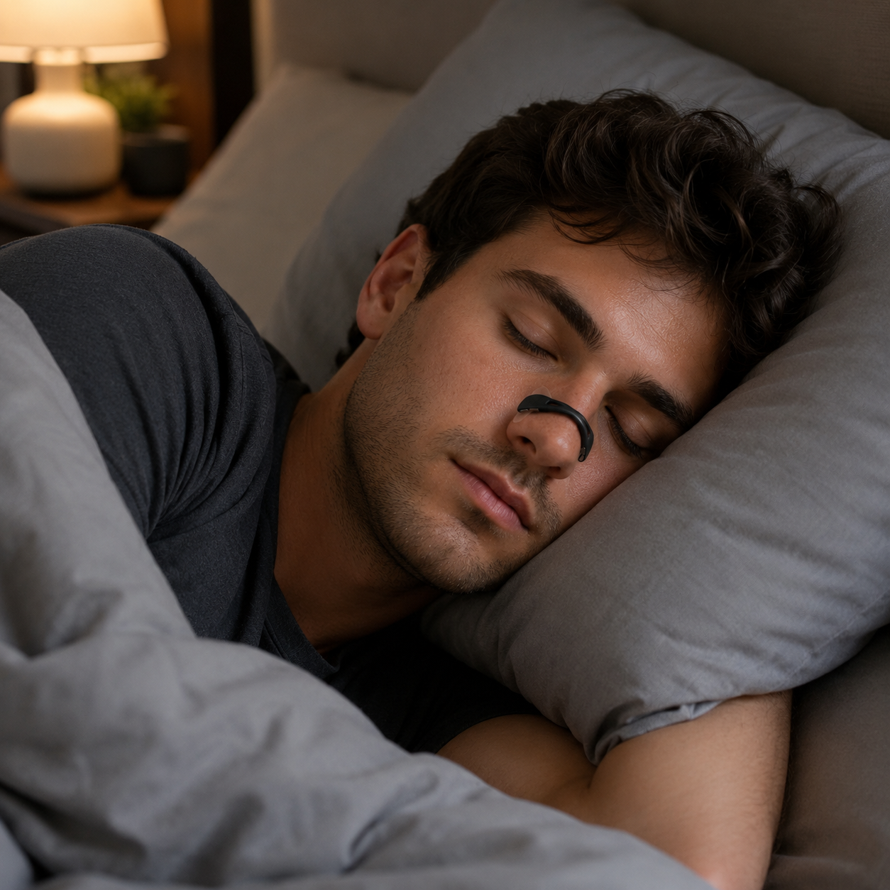 Man wearing the Dozura nasal breathing support clip while sleeping in bed