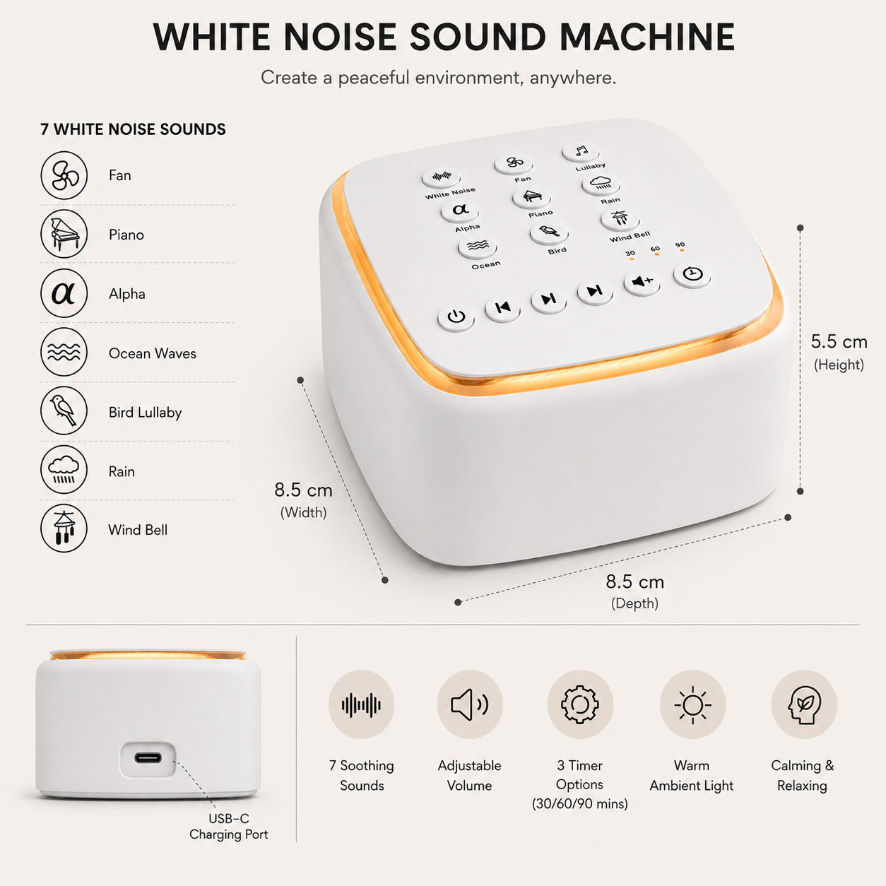 Premium White noise sleep machine Charging USB C sounds