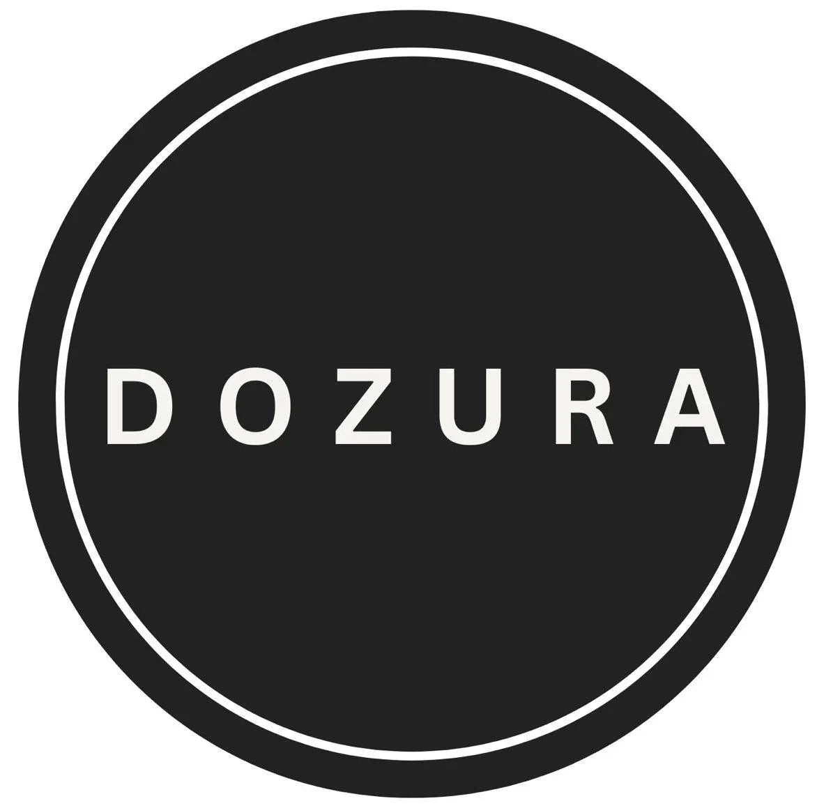 Minimalist black circular logo with DOZURA text in white center