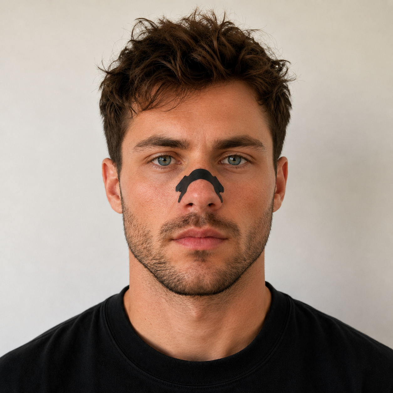 man wearing nasal breathing strips for better sleep and airflow