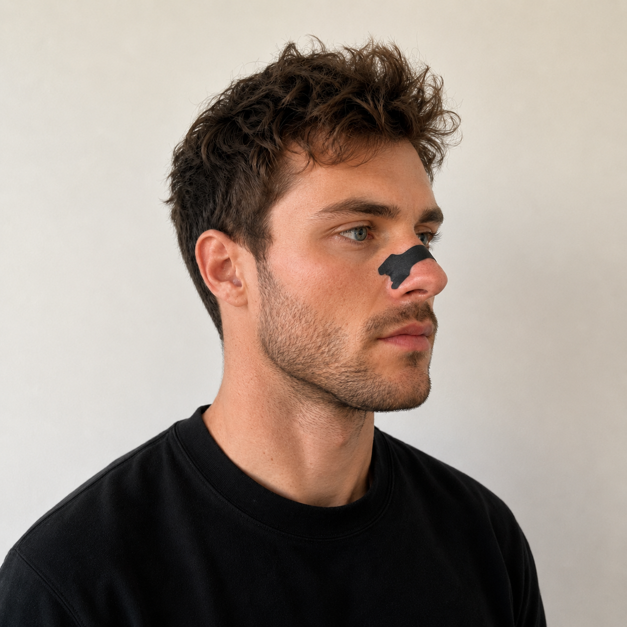 man wearing nasal breathing strips for better sleep and airflow WAKE UP FEELING MORE REFRESHED