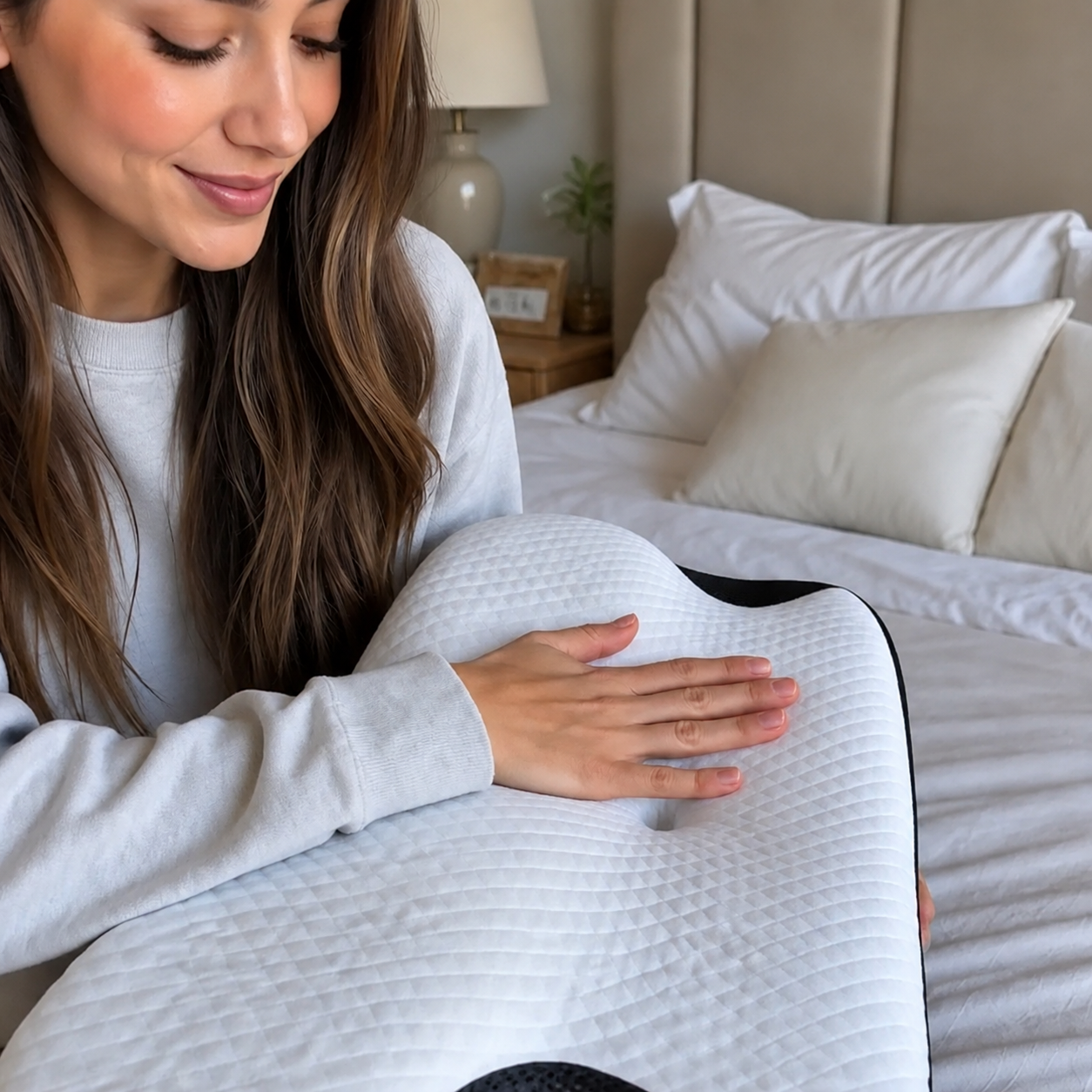 Lady using memory foam orthopaedic ergonomic support pillow