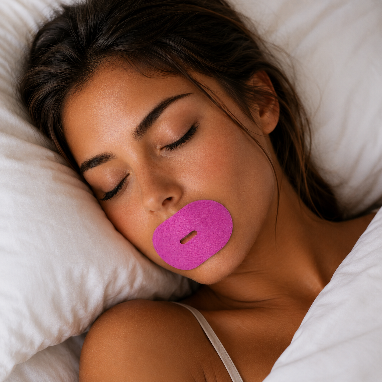 Lady wearing premium pink mouth tape for sleeping better breathing