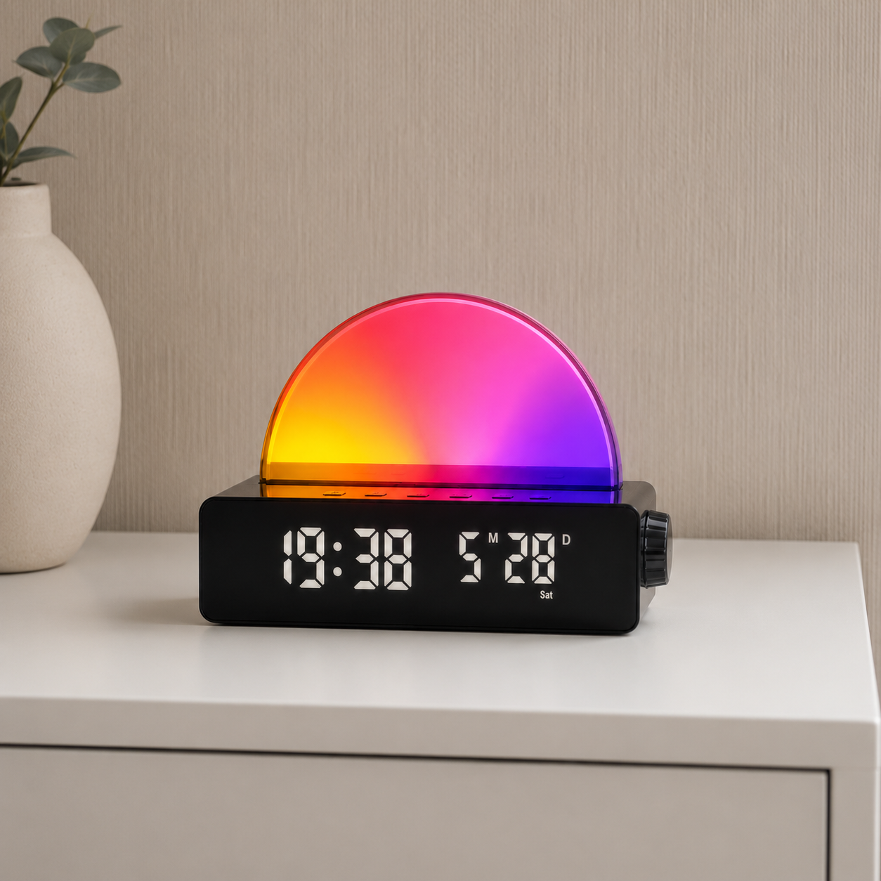 Light up the alarm clock on the bedside table 