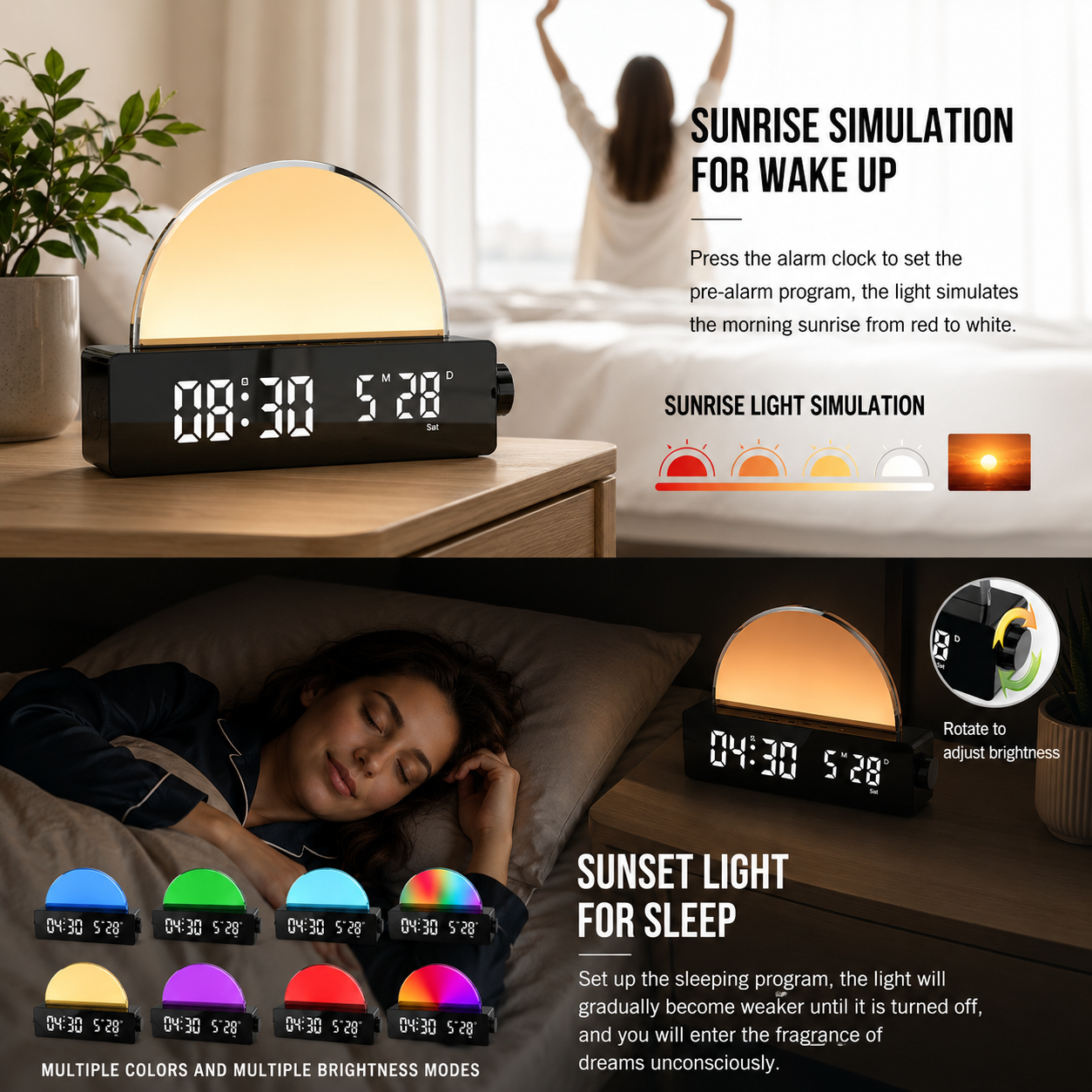 Black digital natural sunrise wake-up alarm clock phone charger multicolour Lumie
