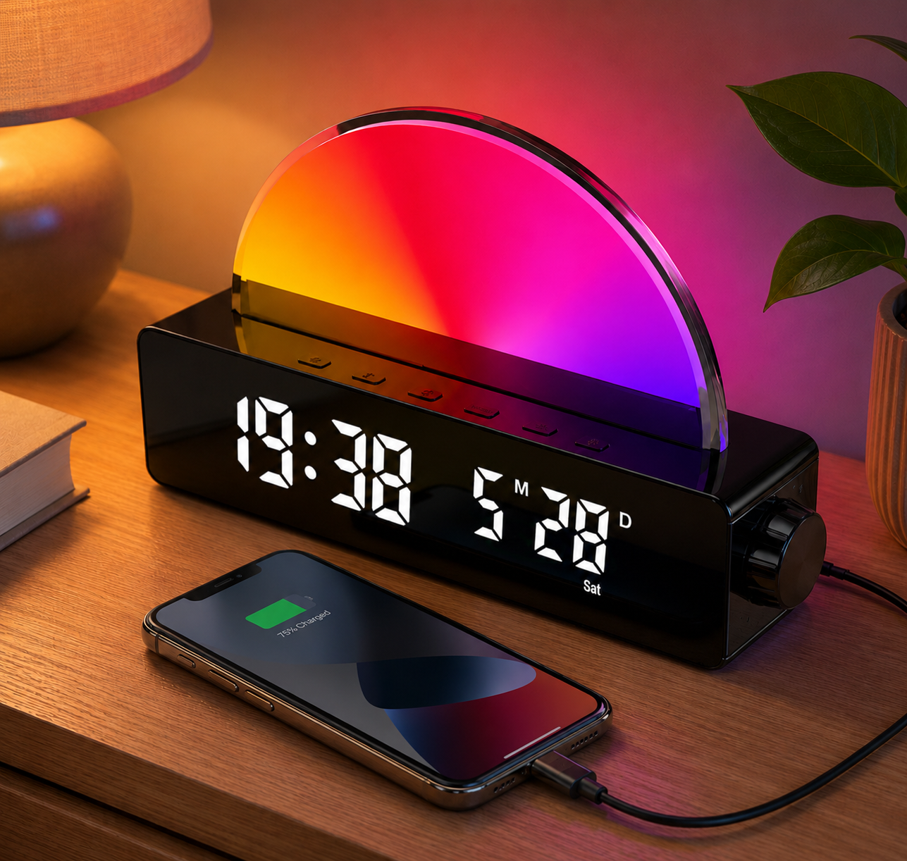 Natural light up sunrise alarm clock with phone charging 