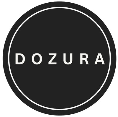 Minimalist black circular logo with DOZURA text in white center