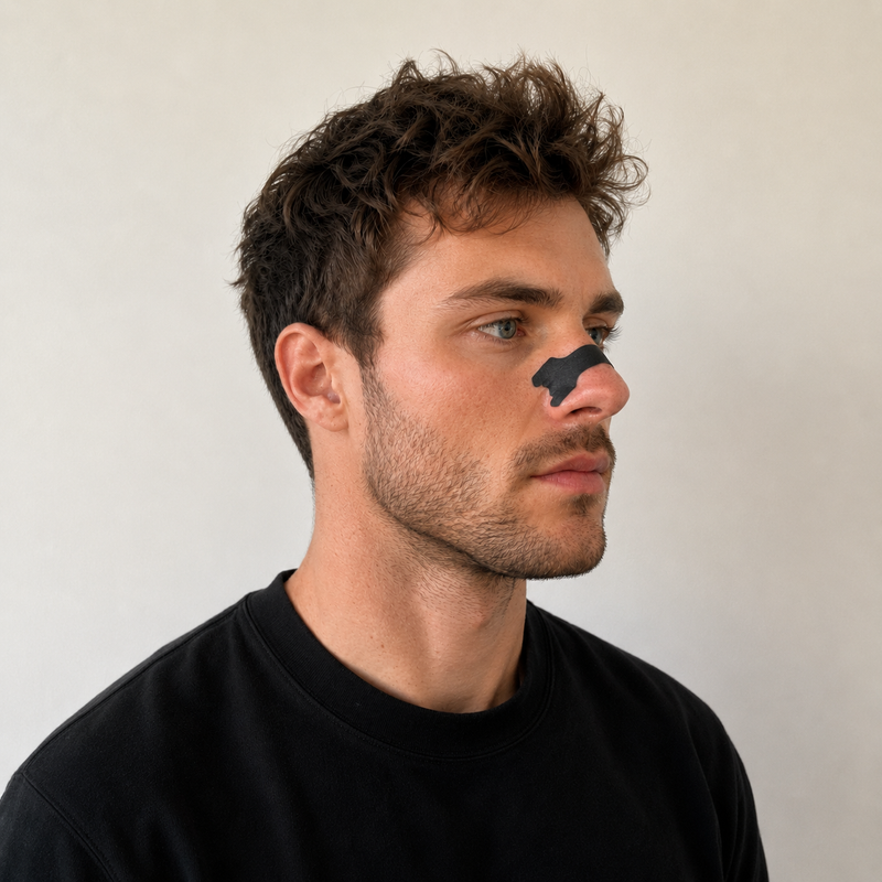 man wearing nasal breathing strips for better sleep and airflow WAKE UP FEELING MORE REFRESHED