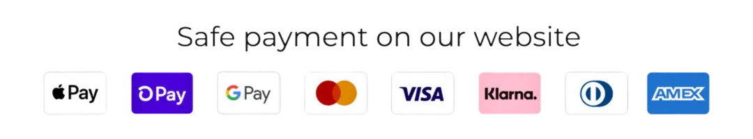 Secure payment options including Apple Pay, Google Pay, Mastercard, Visa, Klarna, Amex